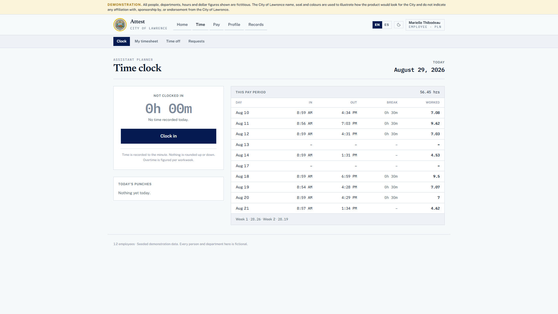 Attest time clock with a two-week table of clock-ins and clock-outs