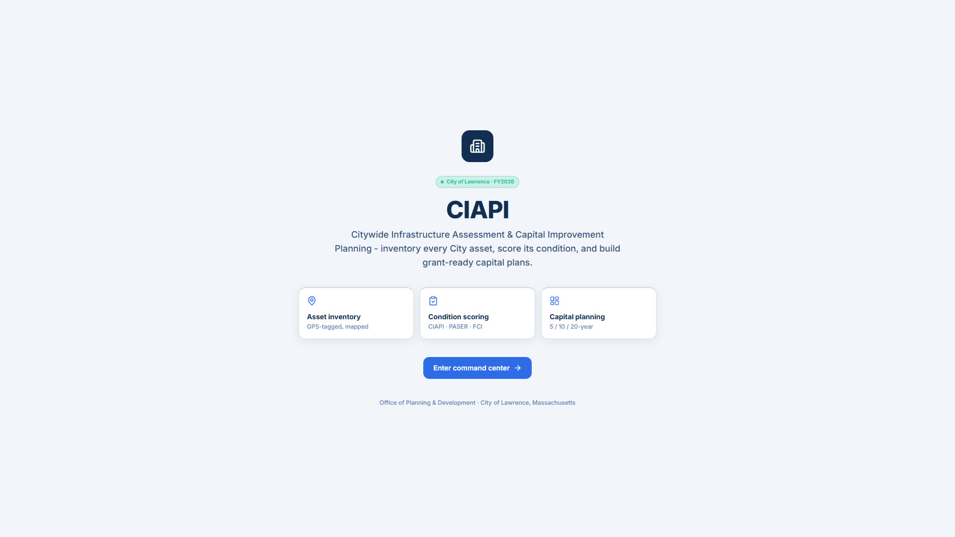 The CIAPI front page: asset inventory, condition scoring, capital planning