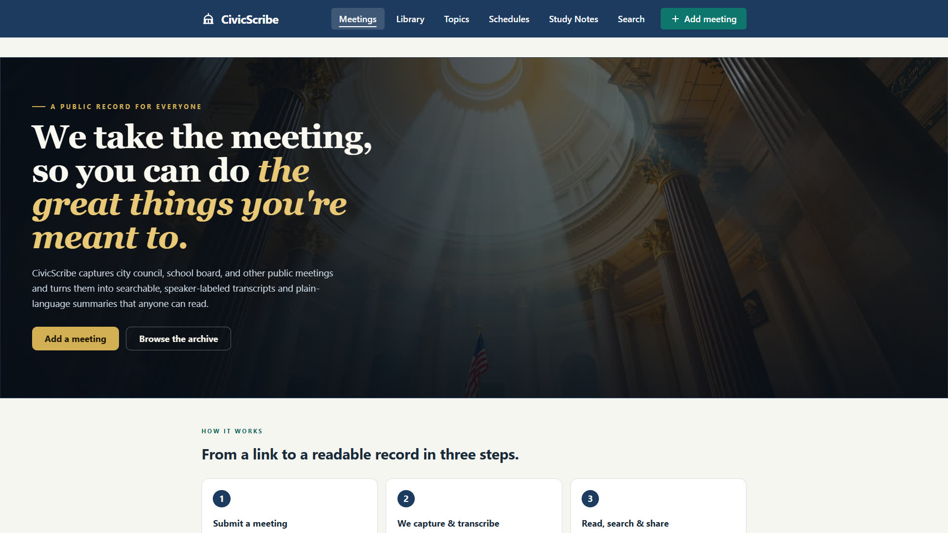 CivicScribe home page with the headline We take the meeting