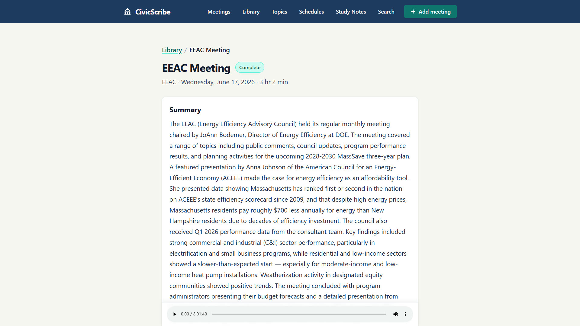 A published meeting page with its summary and audio player