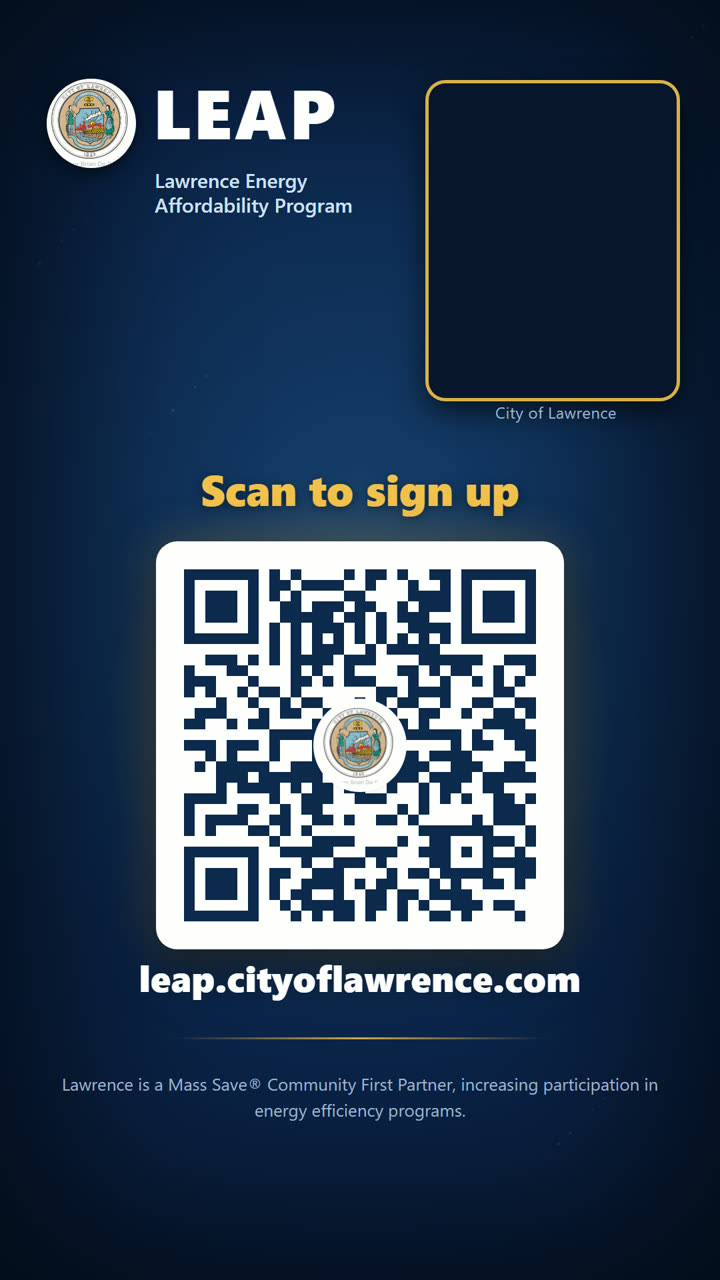 The end card of the LEAP video: the LEAP mark, a QR code and leap.cityoflawrence.com