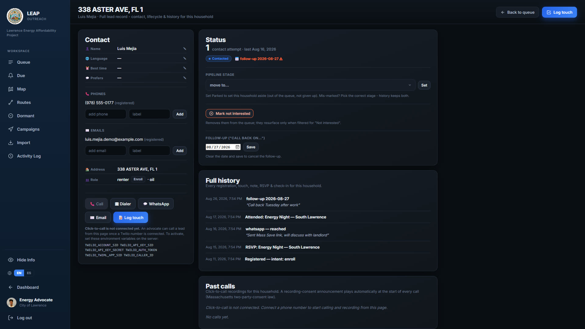 A LEAP home record with contact details, status, follow-up date and full history