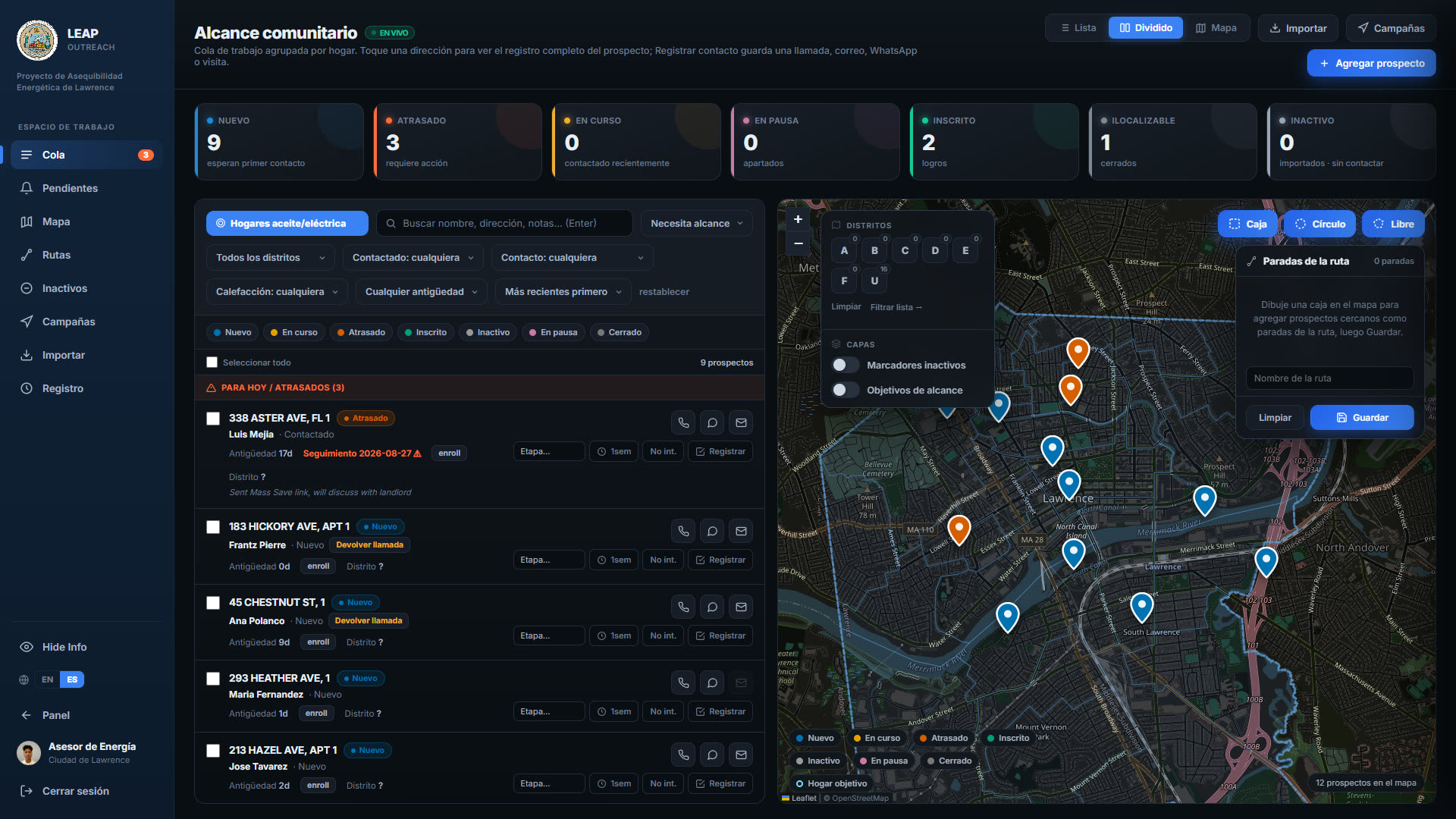 The LEAP outreach screen in Spanish