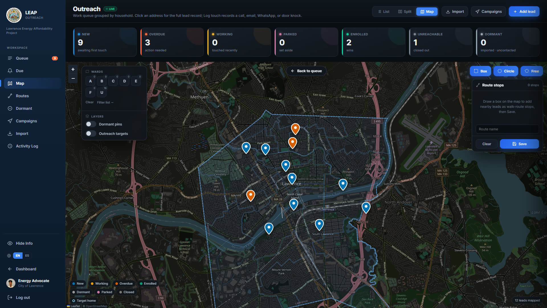 The LEAP outreach map: pins over Lawrence, ward filters, layers and a route-drawing panel