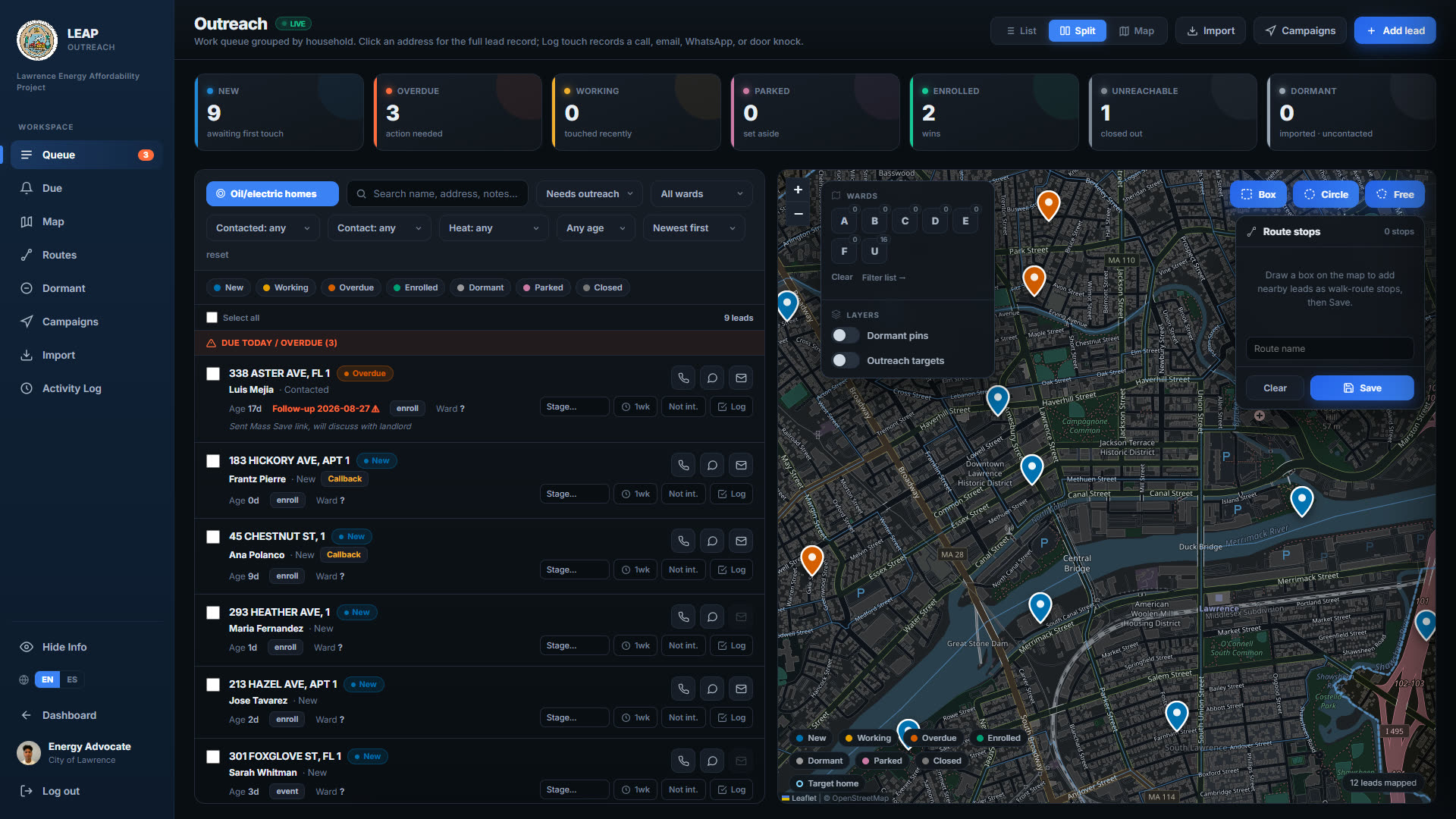 The LEAP outreach list beside the map