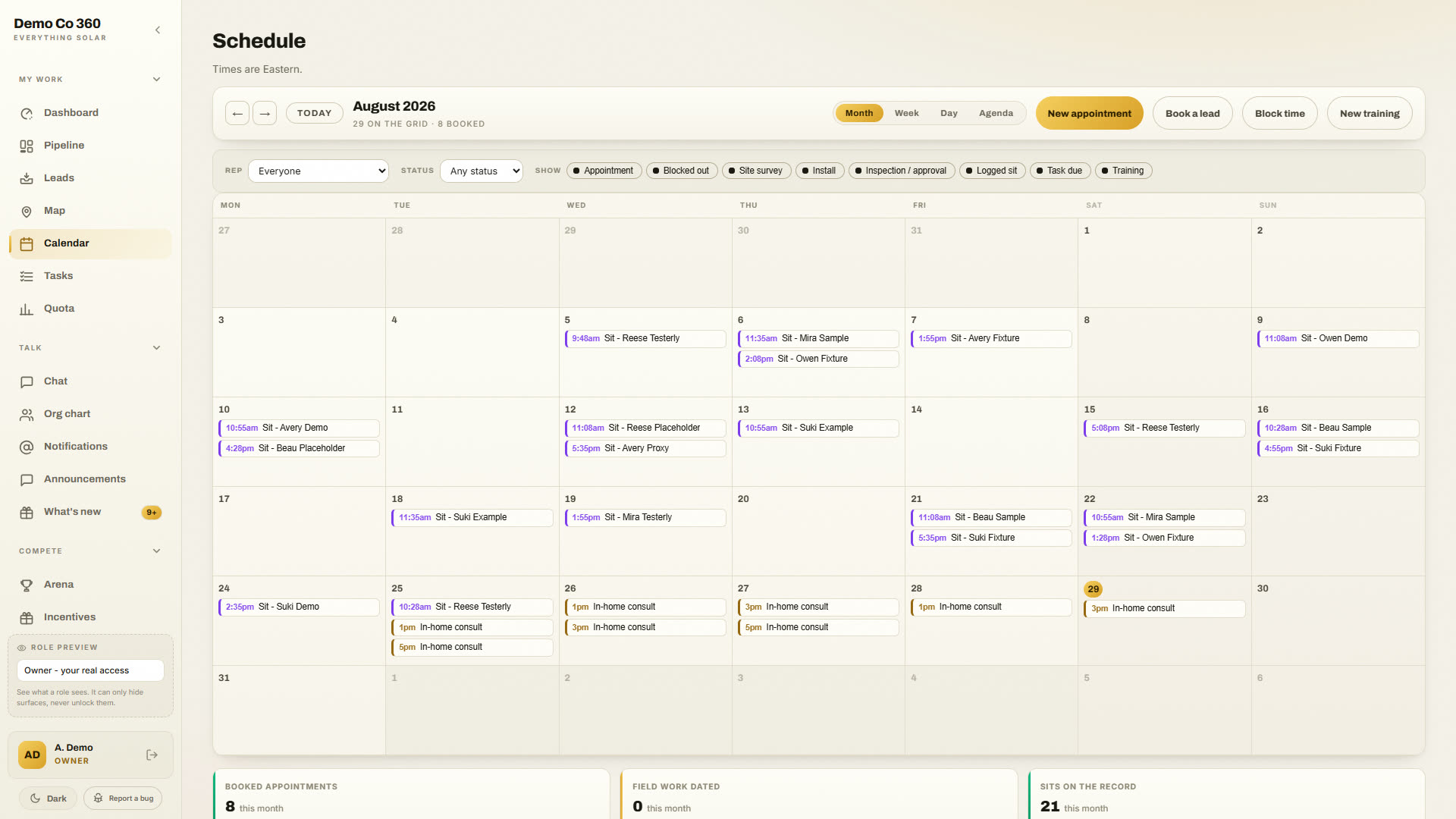 Solar 360 schedule for a month with appointments per day