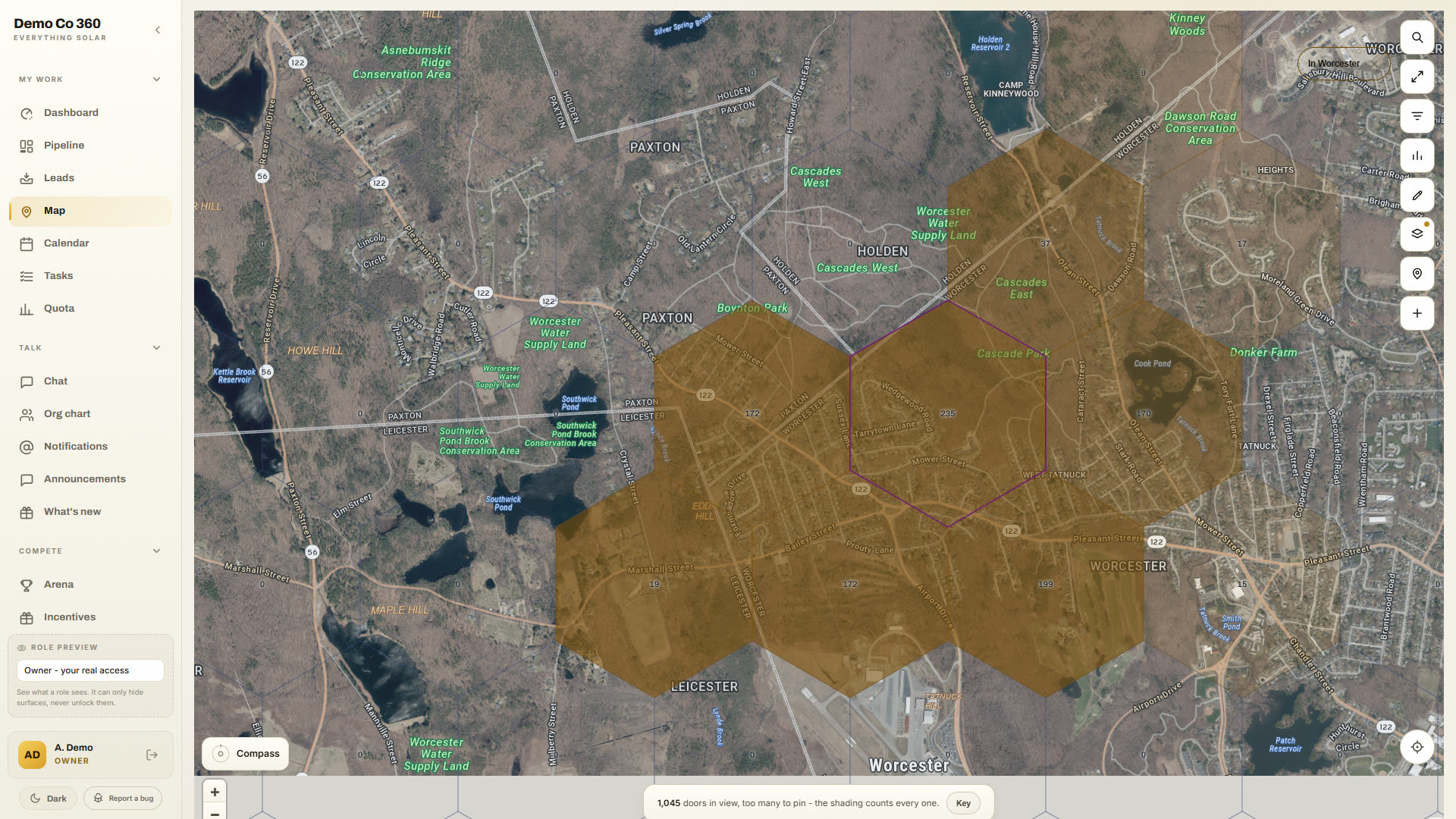 The Solar 360 map over west Worcester with amber hexagons, each showing how many doors it holds