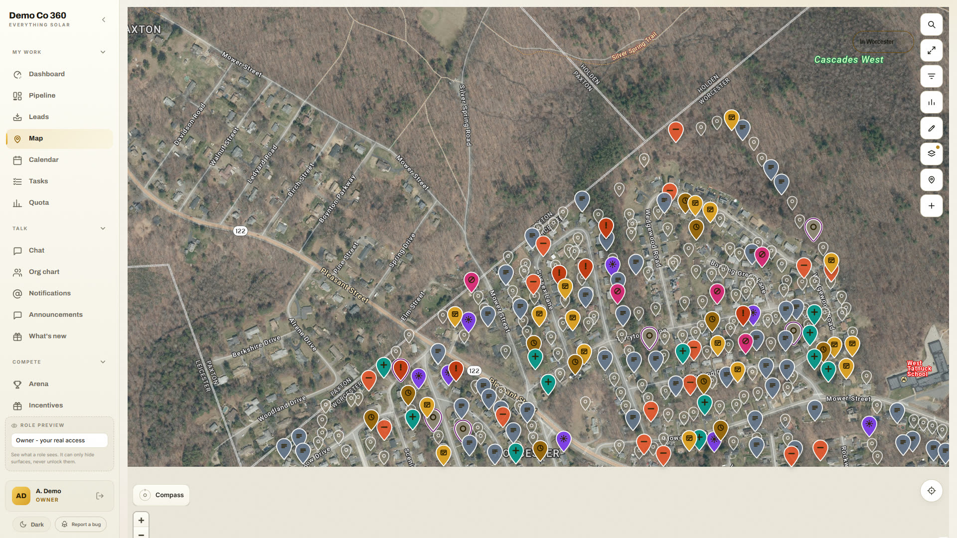 The Solar 360 map at street level with hundreds of colour-coded pins, one per home