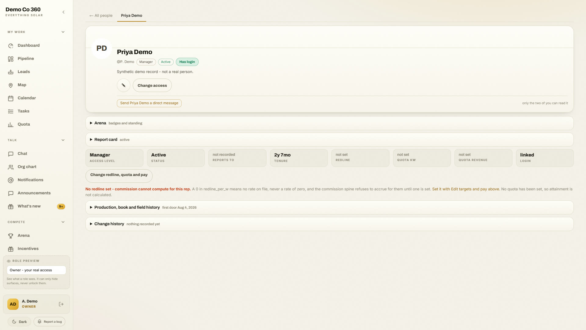 A rep profile in Solar 360 with access level, status, tenure and a direct message button