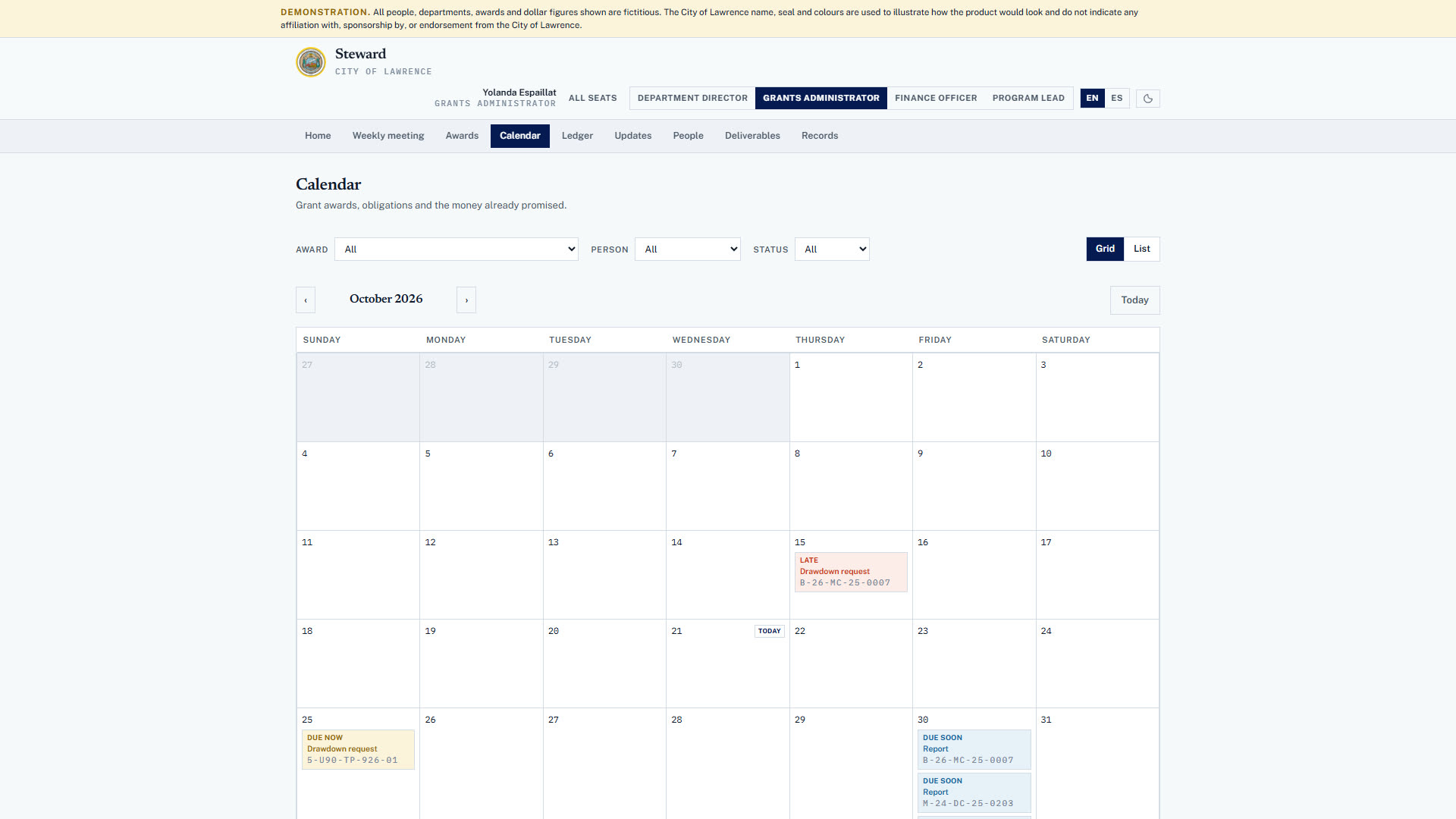 Steward calendar with a late report